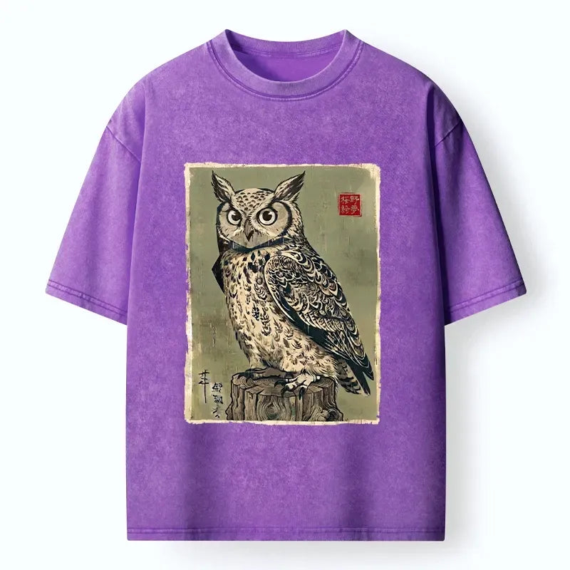 Kyoto-Lion Wise Forest Owl Washed T-Shirt