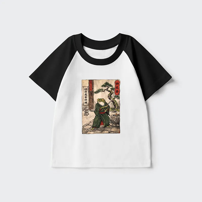 Kyoto-Lion Samurai Frog Training Kids Raglan T-shirt
