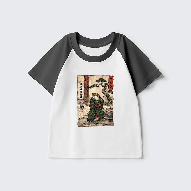 Kyoto-Lion Samurai Frog Training Kids Raglan T-shirt