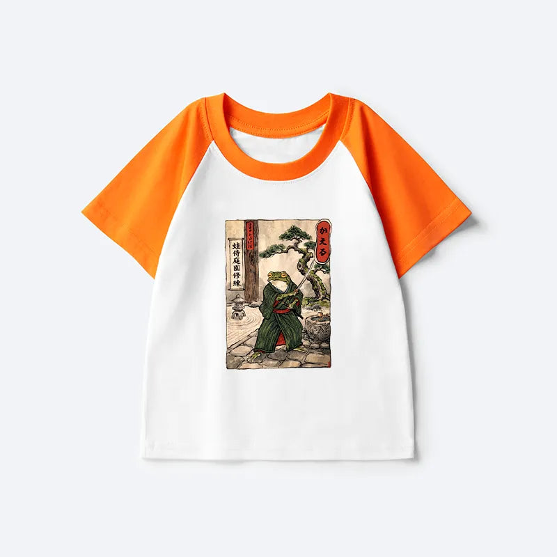 Kyoto-Lion Samurai Frog Training Kids Raglan T-shirt