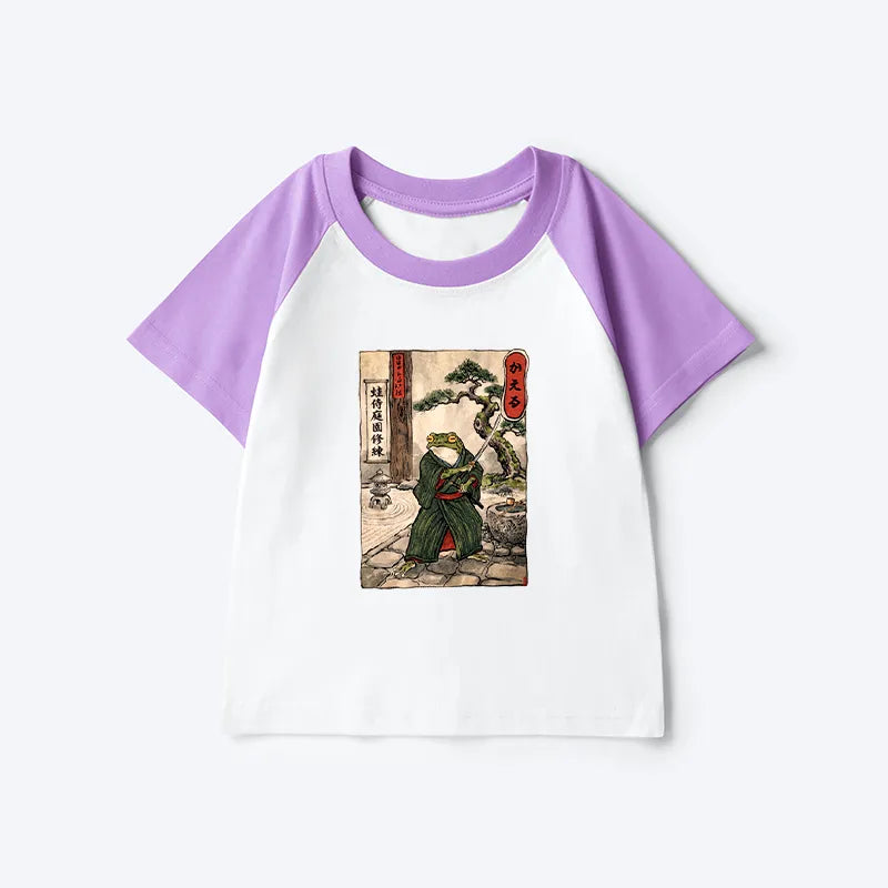 Kyoto-Lion Samurai Frog Training Kids Raglan T-shirt