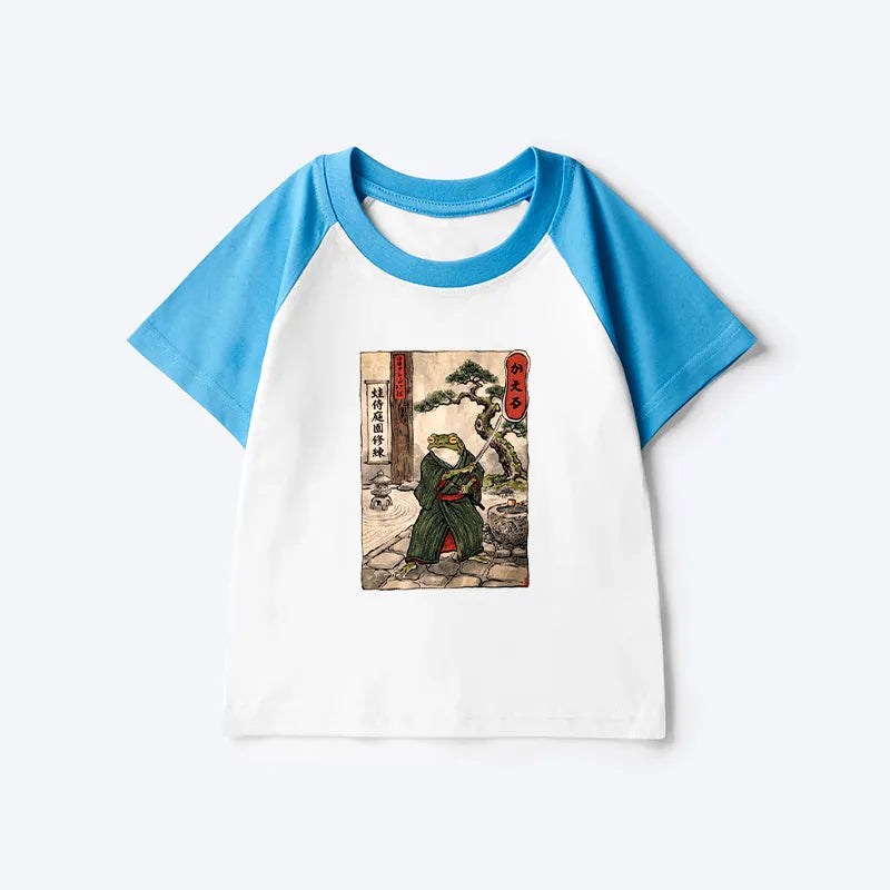 Kyoto-Lion Samurai Frog Training Kids Raglan T-shirt