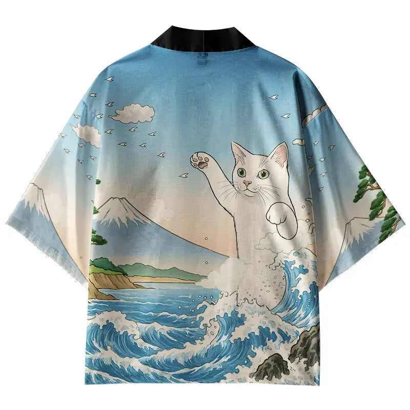 Kyoto-Lion The Great Wave Off Giant Cat Kimono Cardigan