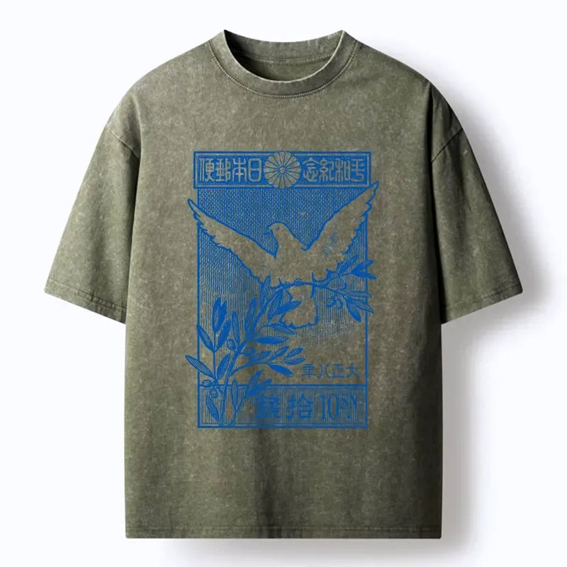 Kyoto-Lion Dove Of Peace Vintage Stamp Washed T-Shirt