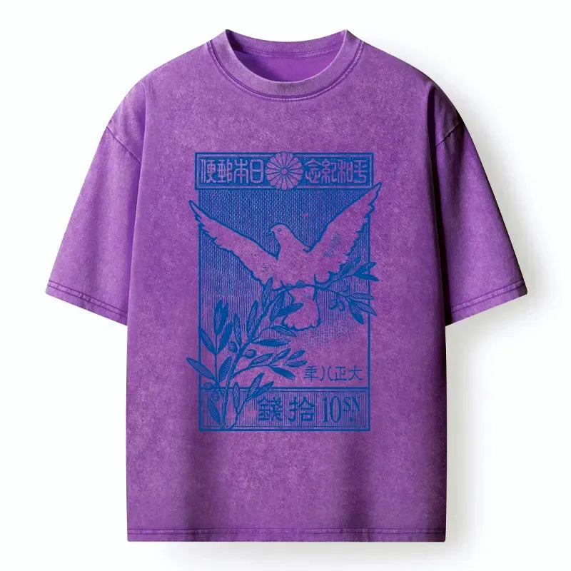 Kyoto-Lion Dove Of Peace Vintage Stamp Washed T-Shirt