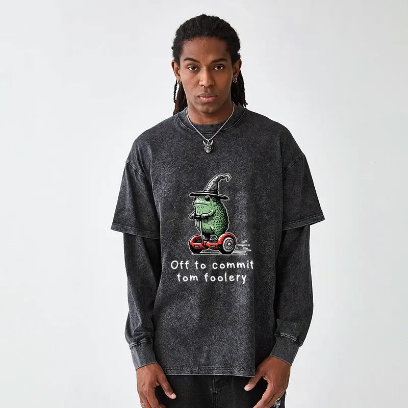 Kyoto-Lion Frog Riding A Balance Scooter Washed Double Layer T-Shirt