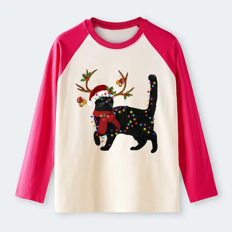 Kyoto-Lion Christmas Black Cat Raglan Long Sleeve T-shirt