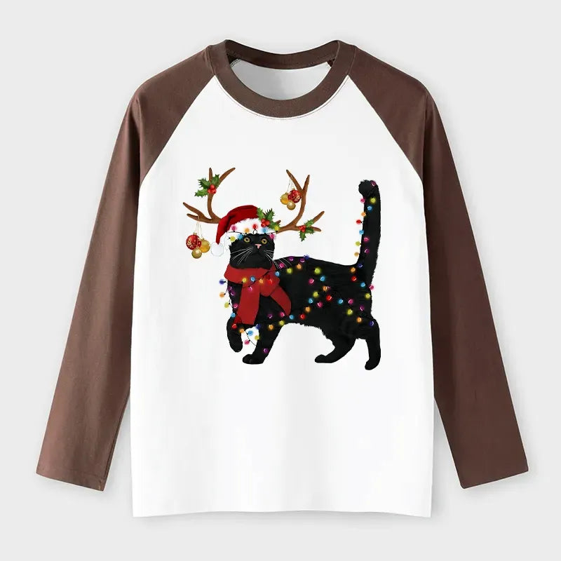 Japanese black cat raglan long sleeve t-shirt