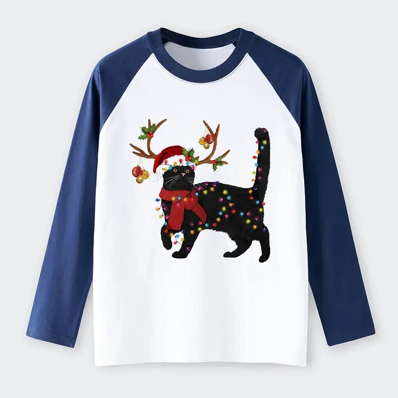 Kyoto-Lion Christmas Black Cat Raglan Long Sleeve T-shirt