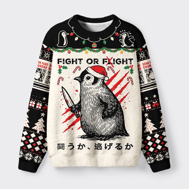 Kyoto-Lion Woodblock Penguin:Fight Or Flight Fuzzy Christmas Ugly Sweatshirt
