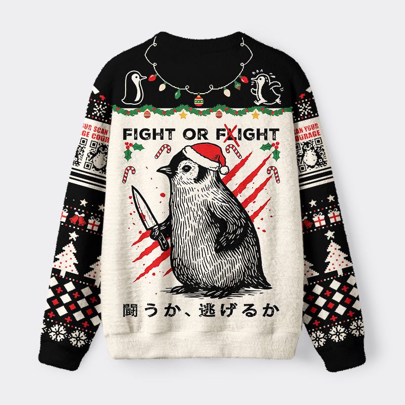 Kyoto-Lion Woodblock Penguin:Fight Or Flight Fuzzy Christmas Ugly Sweatshirt