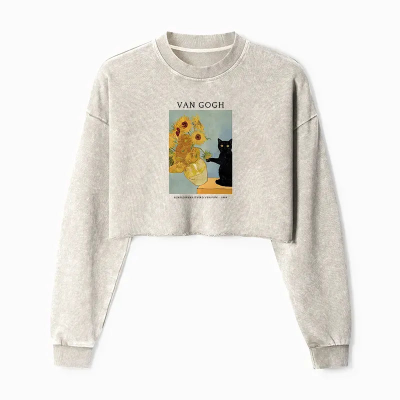 Japanese Black Cat Crop Sweatshirt for Women