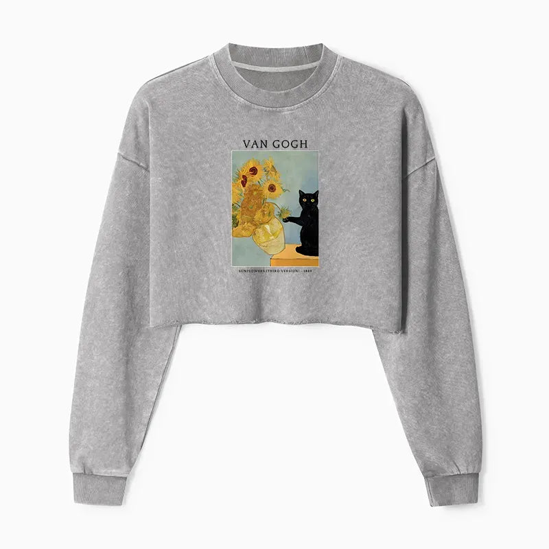 Japanese Black Cat Crop Sweatshirt for Women