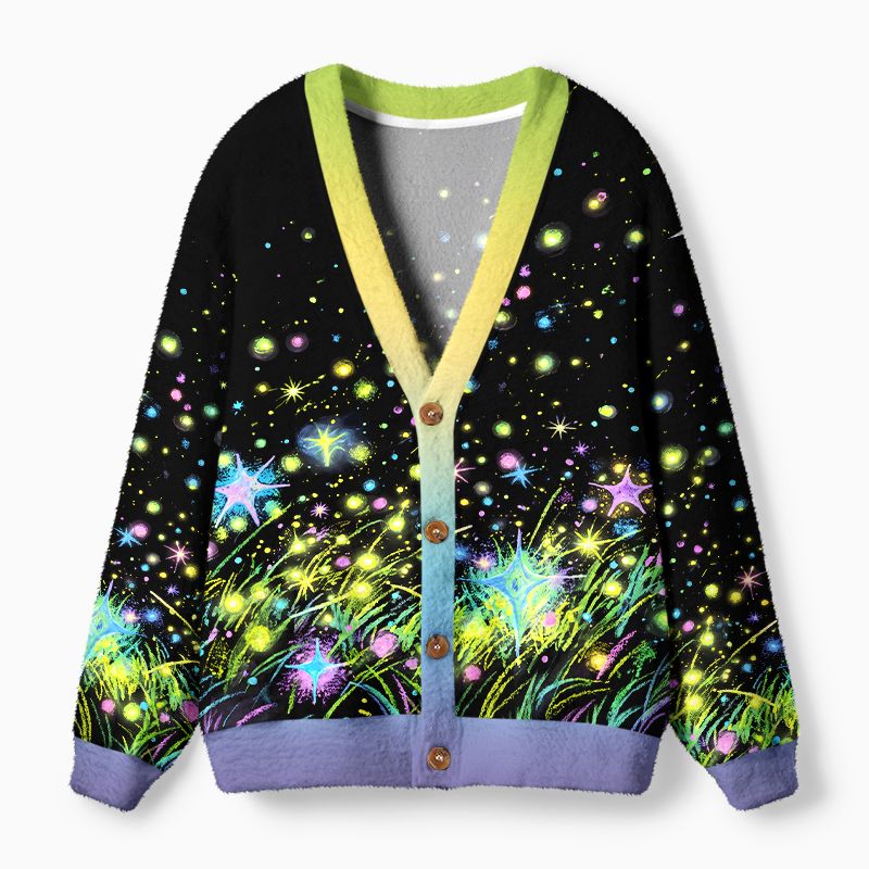Kyoto-Lion Glowing Starry Meadow Ugly Cardigan Sweater