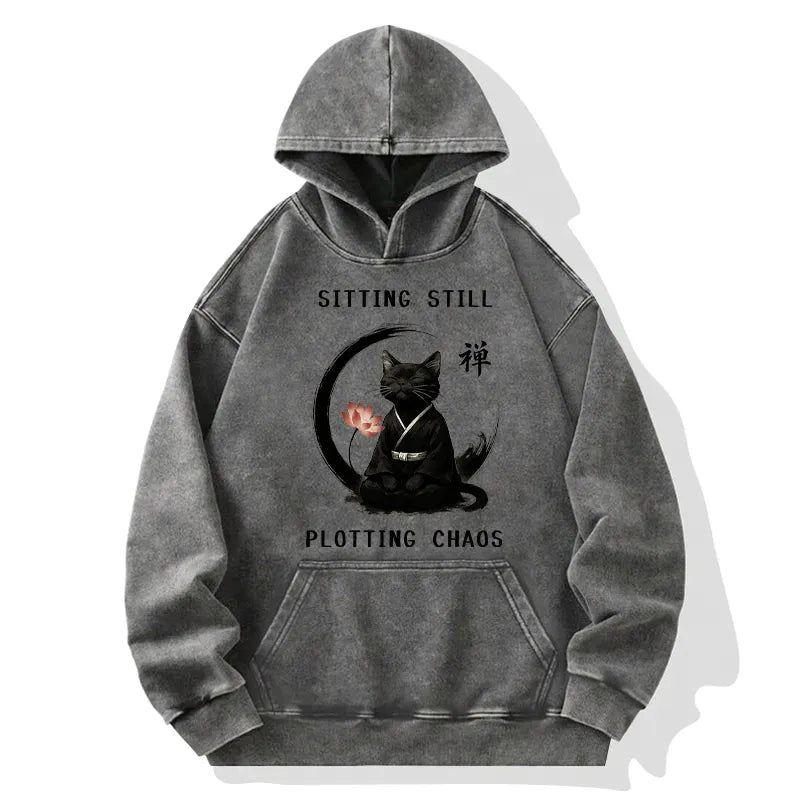 Washed Japanese Cat Hoodie for Streetwear