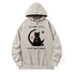 Kyoto-Lion Sitting still plotting chaos Calming Zen Cat Funny Washed Hoodie