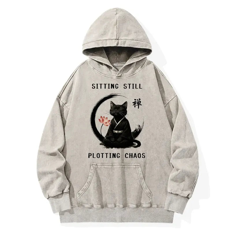 Kyoto-Lion Sitting still plotting chaos Calming Zen Cat Funny Washed Hoodie