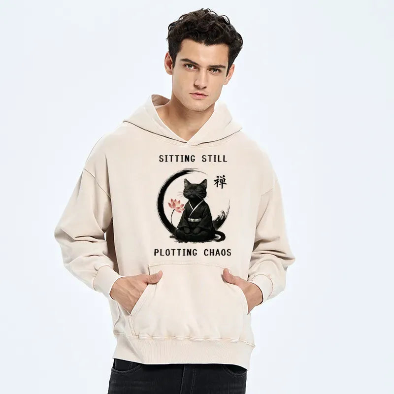 Kyoto-Lion Sitting still plotting chaos Calming Zen Cat Funny Washed Hoodie