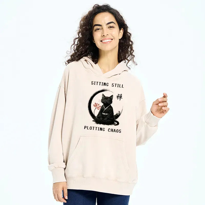 Kyoto-Lion Sitting still plotting chaos Calming Zen Cat Funny Washed Hoodie