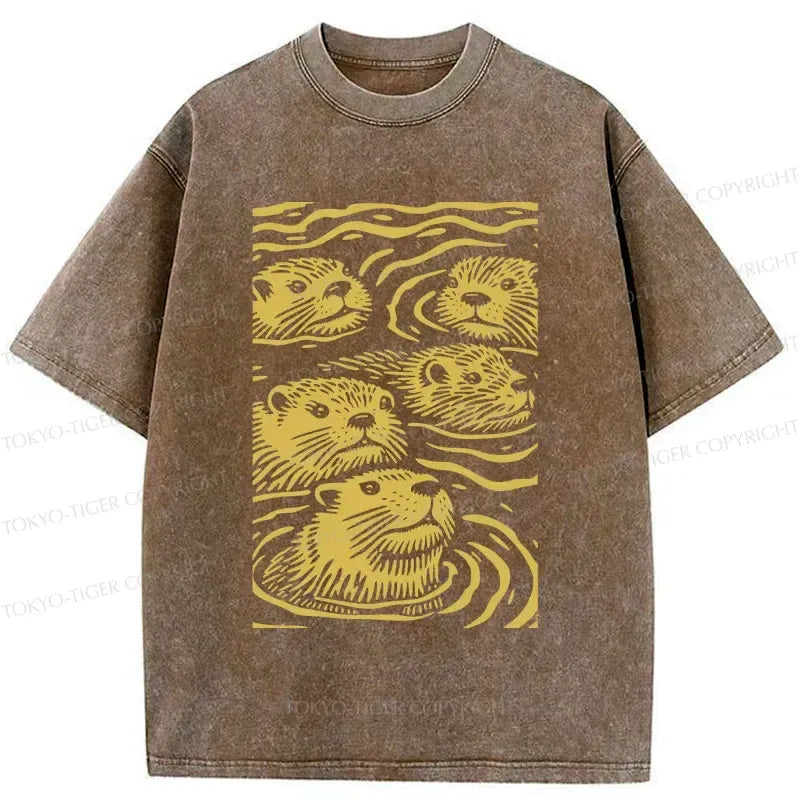 Kyoto-Lion Woodcut Otter Washed T-Shirt