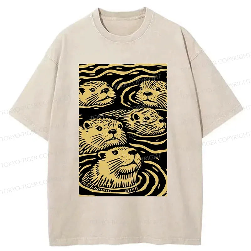 Kyoto-Lion Woodcut Otter Washed T-Shirt