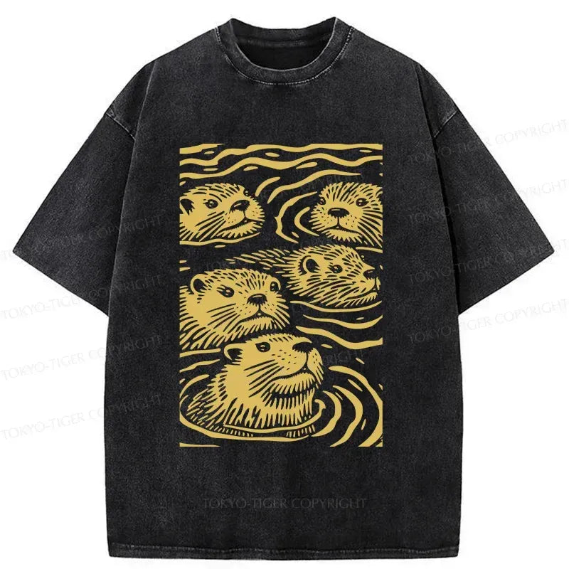 Kyoto-Lion Woodcut Otter Washed T-Shirt