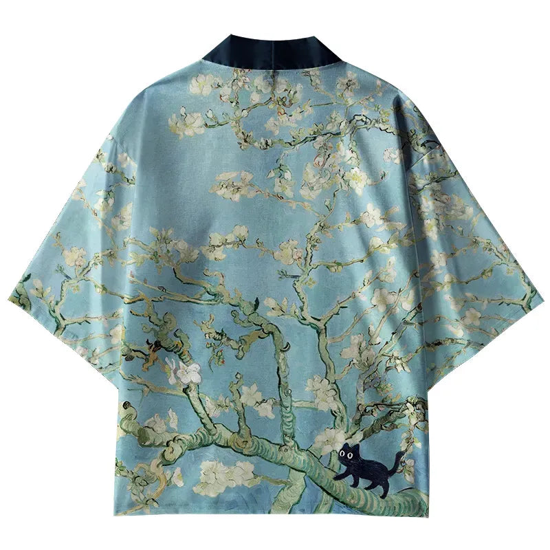 Black cat sakura branch kimono cardigan