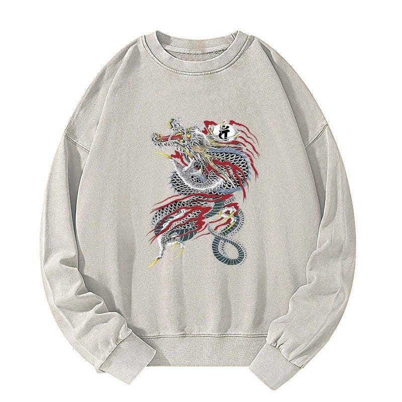 japanese dragon washed sweatshirt for daily wear