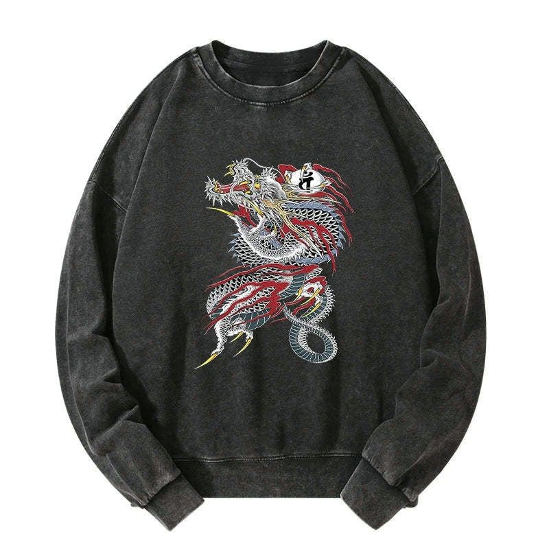 japanese dragon washed sweatshirt for daily wear