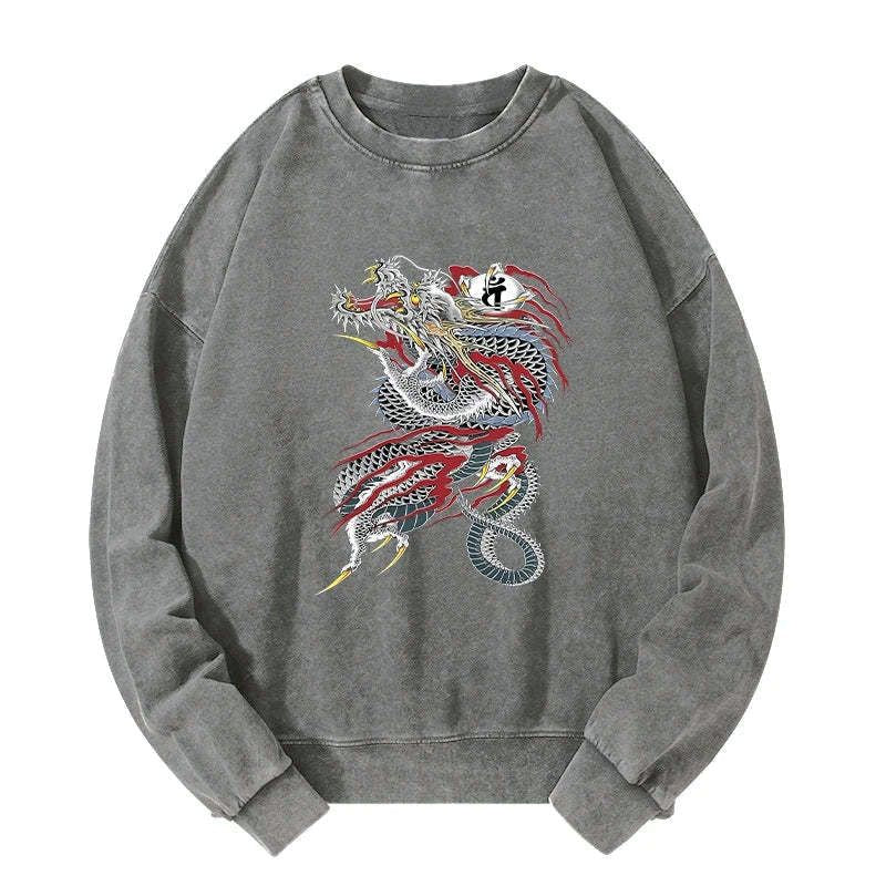 japanese dragon washed sweatshirt for daily wear