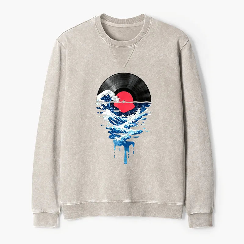 Kyoto-Lion Vinyl Records And Waves Washed Terry Sweatshirt