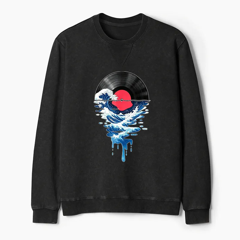 Kyoto-Lion Vinyl Records And Waves Washed Terry Sweatshirt