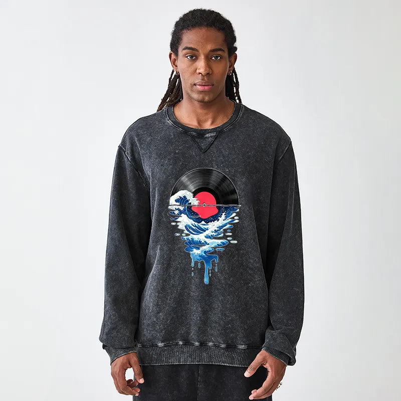 Kyoto-Lion Vinyl Records And Waves Washed Terry Sweatshirt