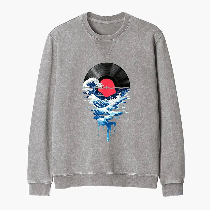 Kyoto-Lion Vinyl Records And Waves Washed Terry Sweatshirt