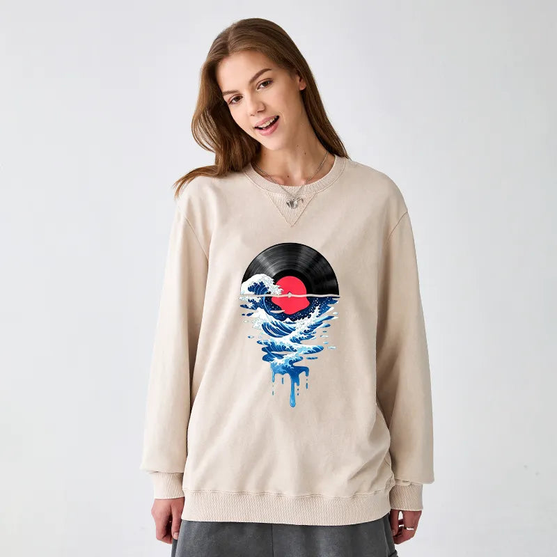 Kyoto-Lion Vinyl Records And Waves Washed Terry Sweatshirt