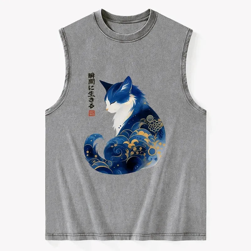 Retro Zen Cat Washed Tank for Daily Wear