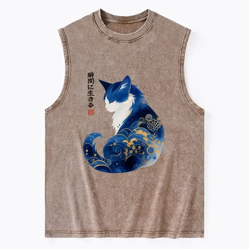 Kyoto-Lion Retro Zen Cat: Living the Present Washed Tank