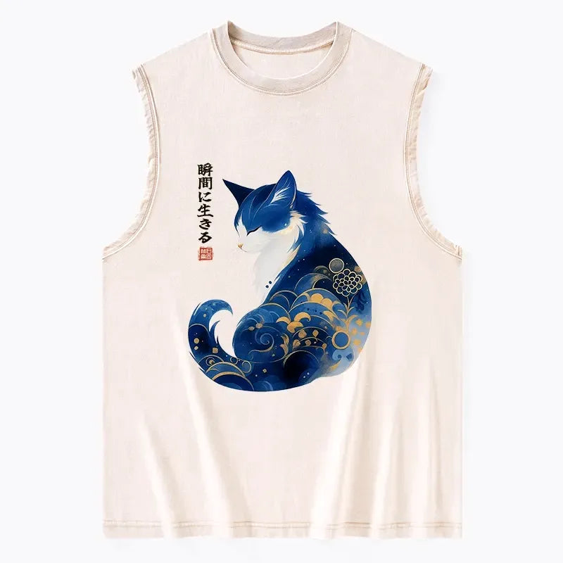 Retro Zen Cat Washed Tank for Daily Wear