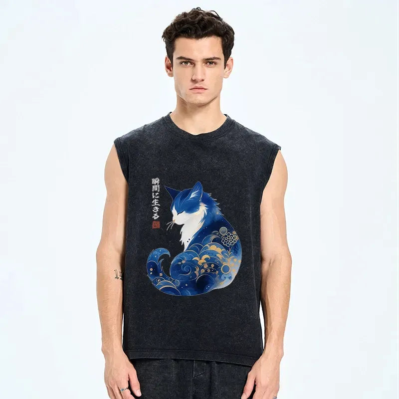 Retro Zen Cat Washed Tank for Daily Wear