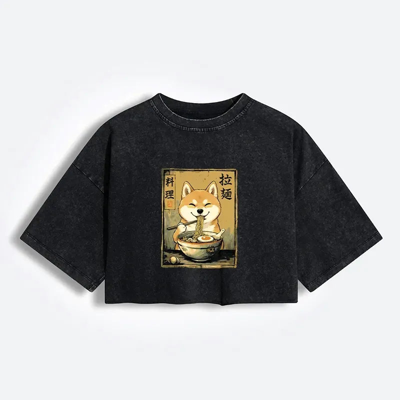 Kyoto-Lion Happy Shiba Eating Ramen Women's Washed Crop T-Shirt
