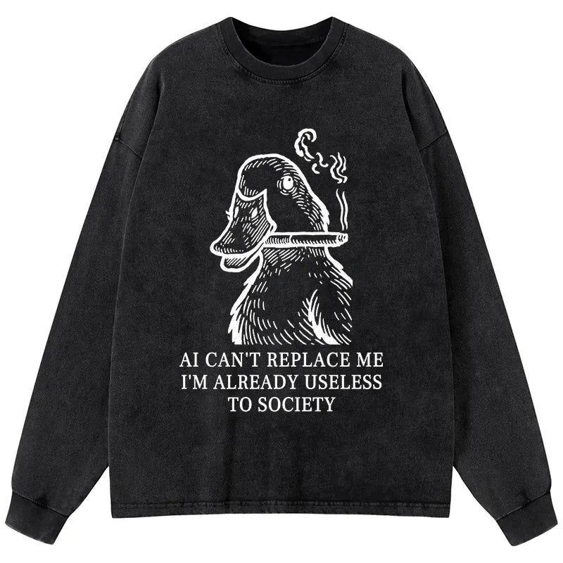 Kyoto-Lion Smoking Duck Funny Washed Long Sleeve T-Shirt