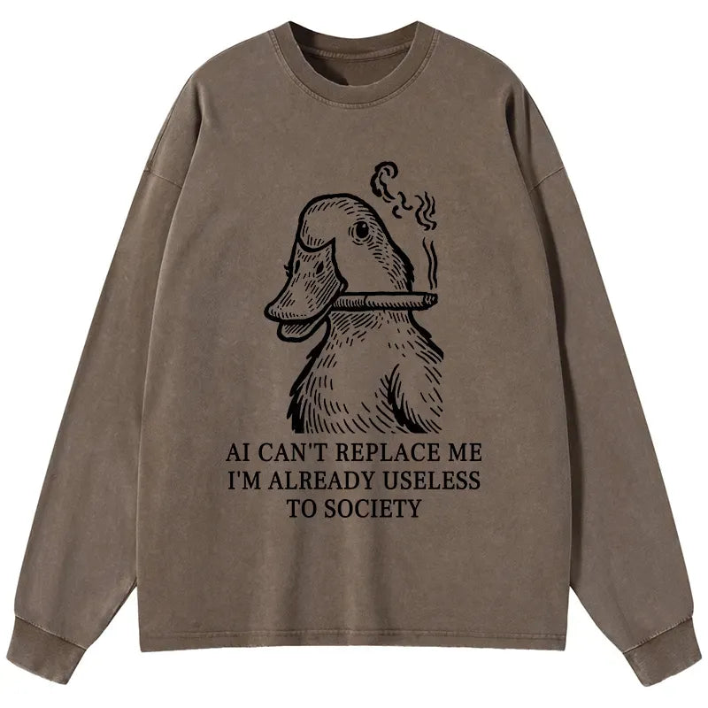 Kyoto-Lion Smoking Duck Funny Washed Long Sleeve T-Shirt