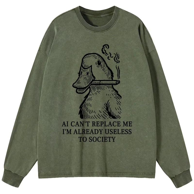 Kyoto-Lion Smoking Duck Funny Washed Long Sleeve T-Shirt