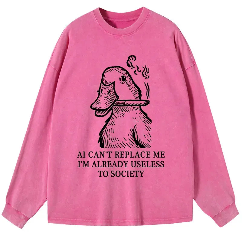 Kyoto-Lion Smoking Duck Funny Washed Long Sleeve T-Shirt