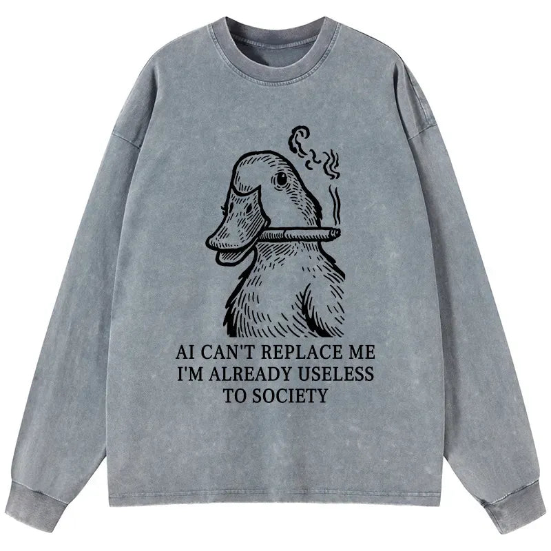 Kyoto-Lion Smoking Duck Funny Washed Long Sleeve T-Shirt