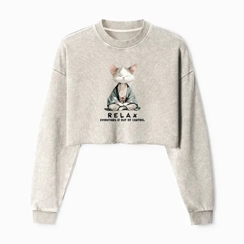 Kyoto-Lion Zen Cat Relaxation£¬Everything's Out Of Control Washed Crop Sweatshirt
