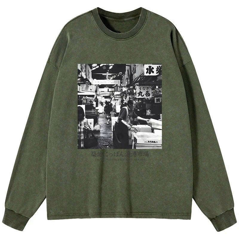Kyoto-Lion Tsukiji Fish Market Photo Washed Long Sleeve T-Shirt