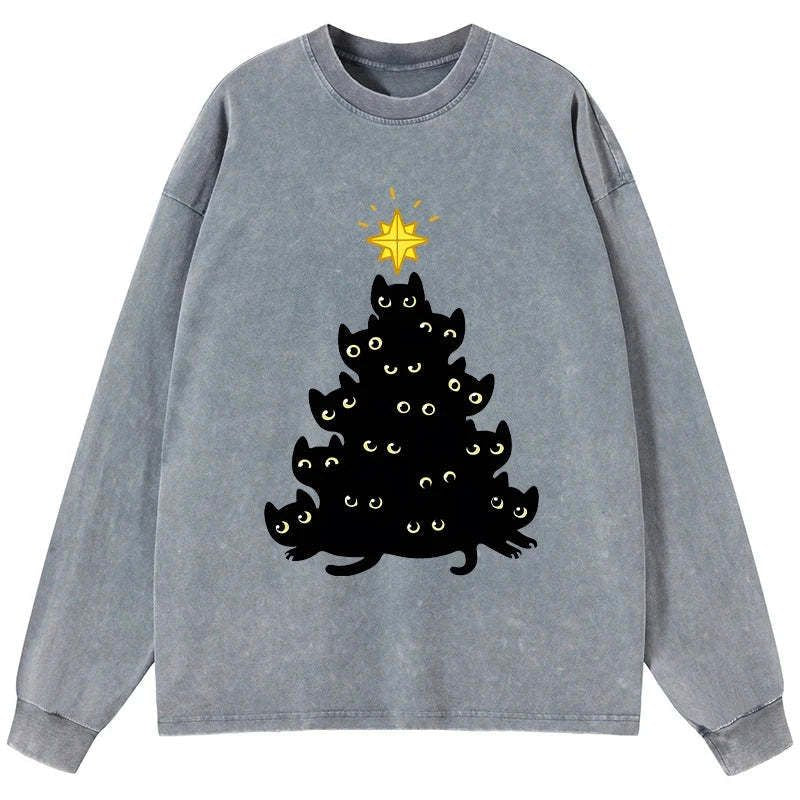 Kyoto-Lion Black Cat Christmas Tree Washed Long Sleeve T-Shirt