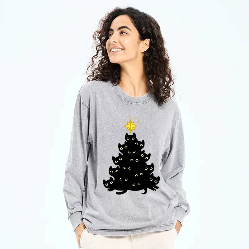 Kyoto-Lion Black Cat Christmas Tree Washed Long Sleeve T-Shirt