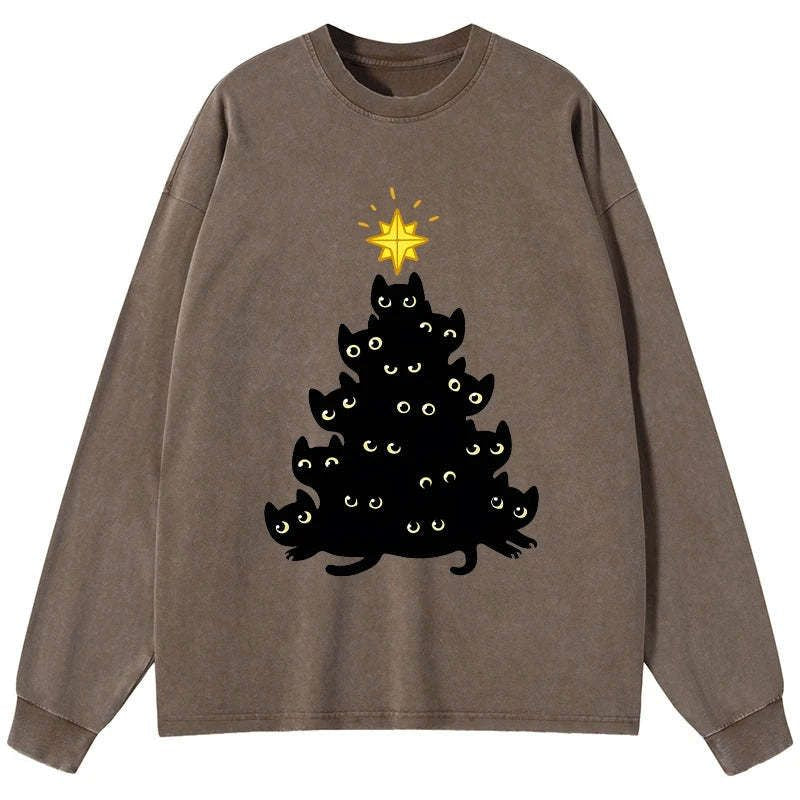 Kyoto-Lion Black Cat Christmas Tree Washed Long Sleeve T-Shirt